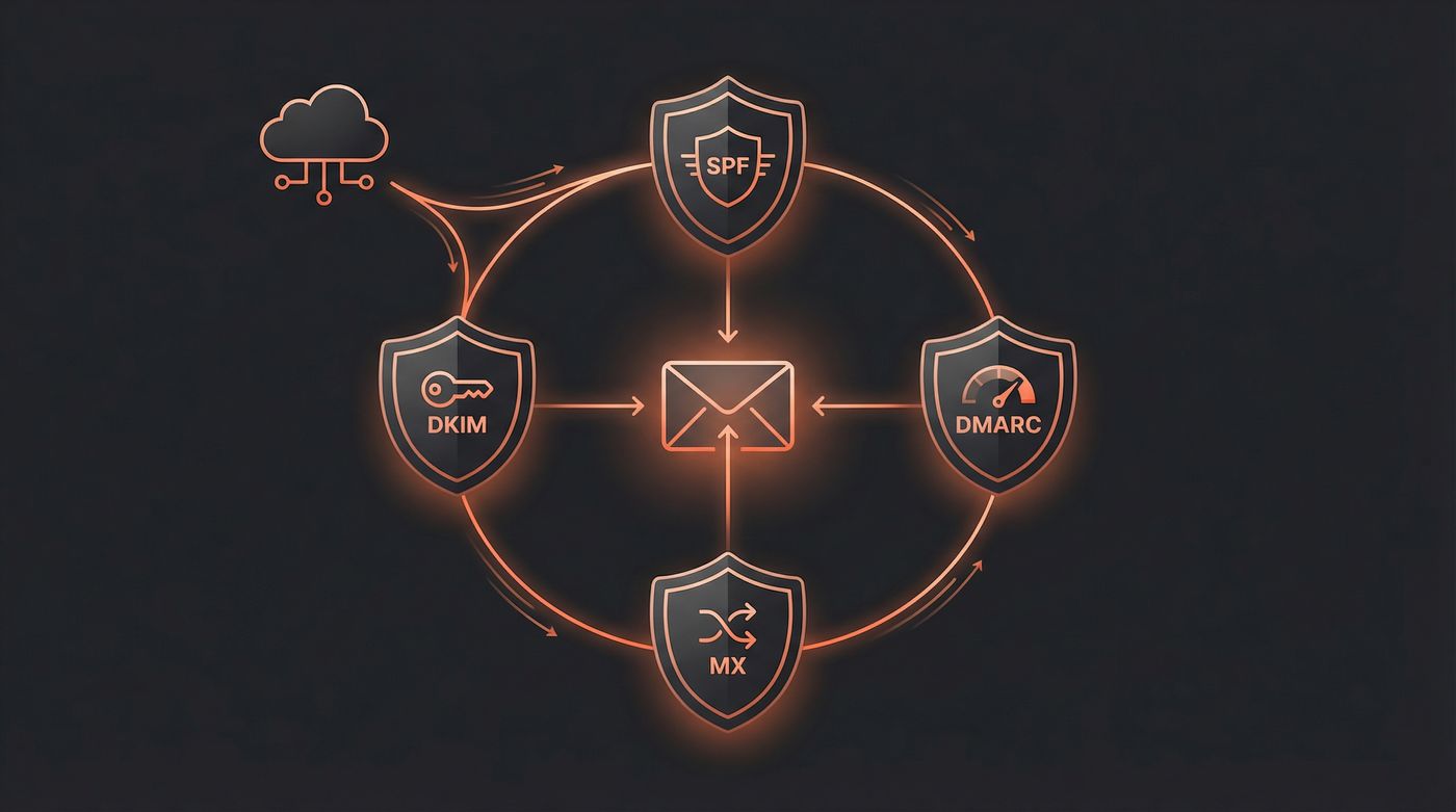 SPF, DKIM, DMARC, and MX authentication records protecting email deliverability