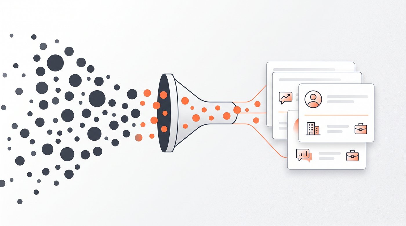 Competitor post comments filtered into a smaller lead list with profile, company, and context fields