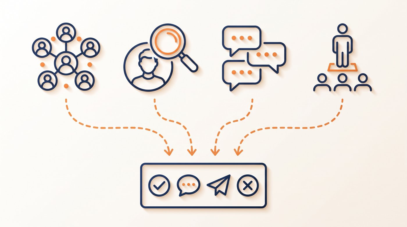 LinkedIn sources for consulting clients moving through fit checks to comment, message, research, or skip