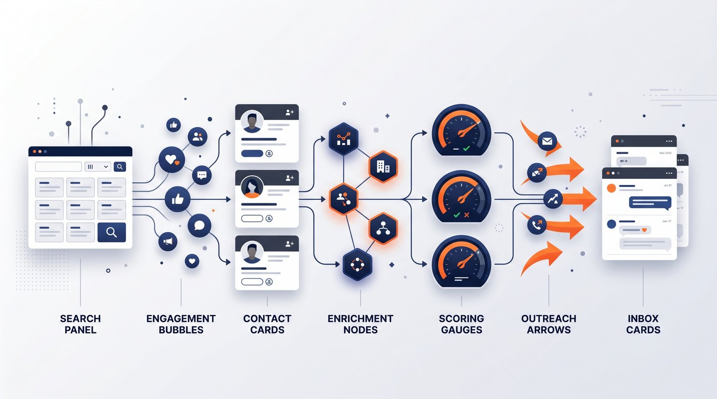 A LinkedIn prospecting stack moving from search and engagement through contact data, enrichment, scoring, outreach, and inbox work