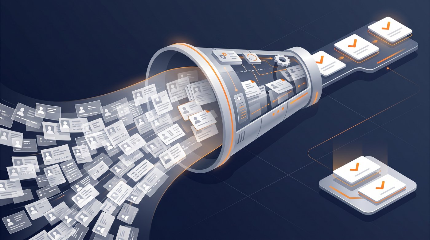 LinkedIn scraping tools workflow turning raw profile data into a smaller set of qualified lead cards