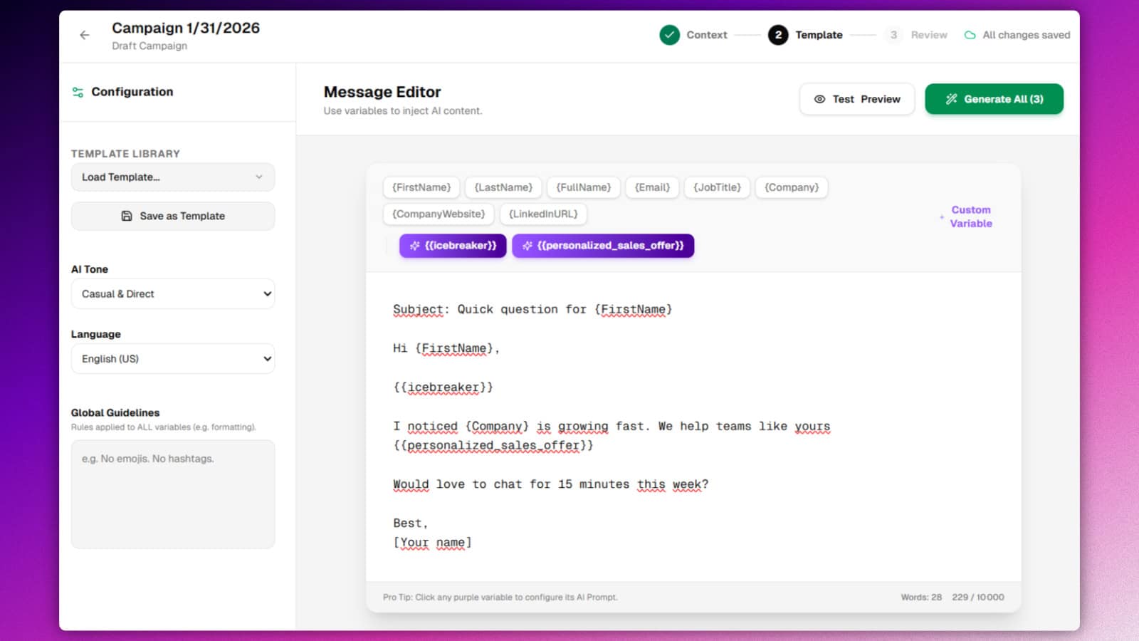 Signado AI message generation and export interface