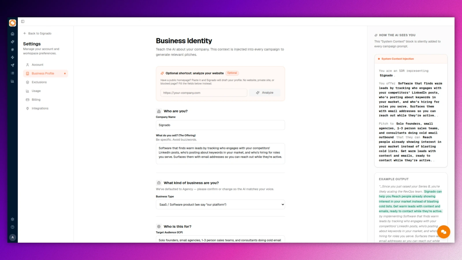 Business profile setup in Signado