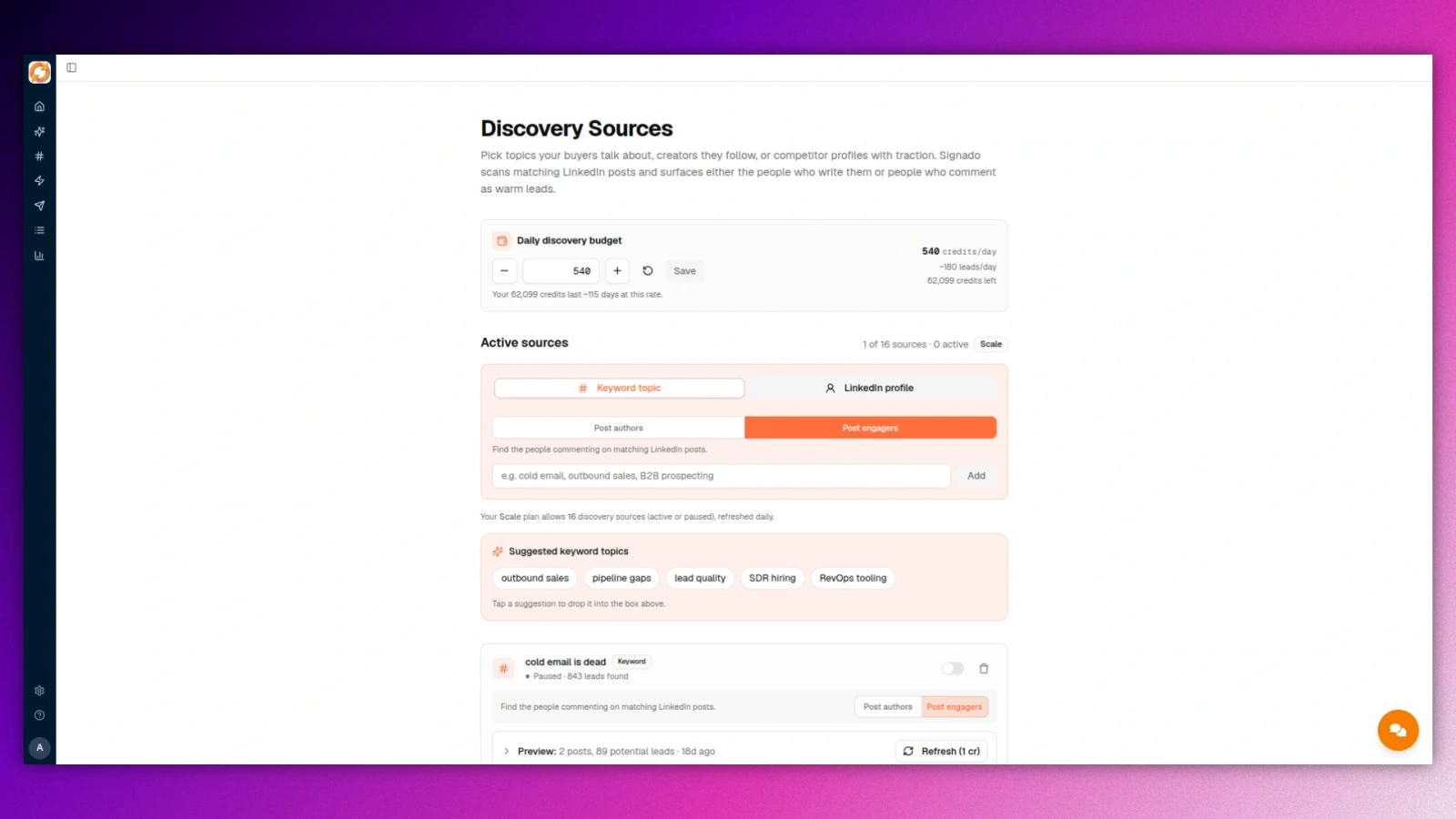 Adding a keyword source with Post authors and Post engagers modes