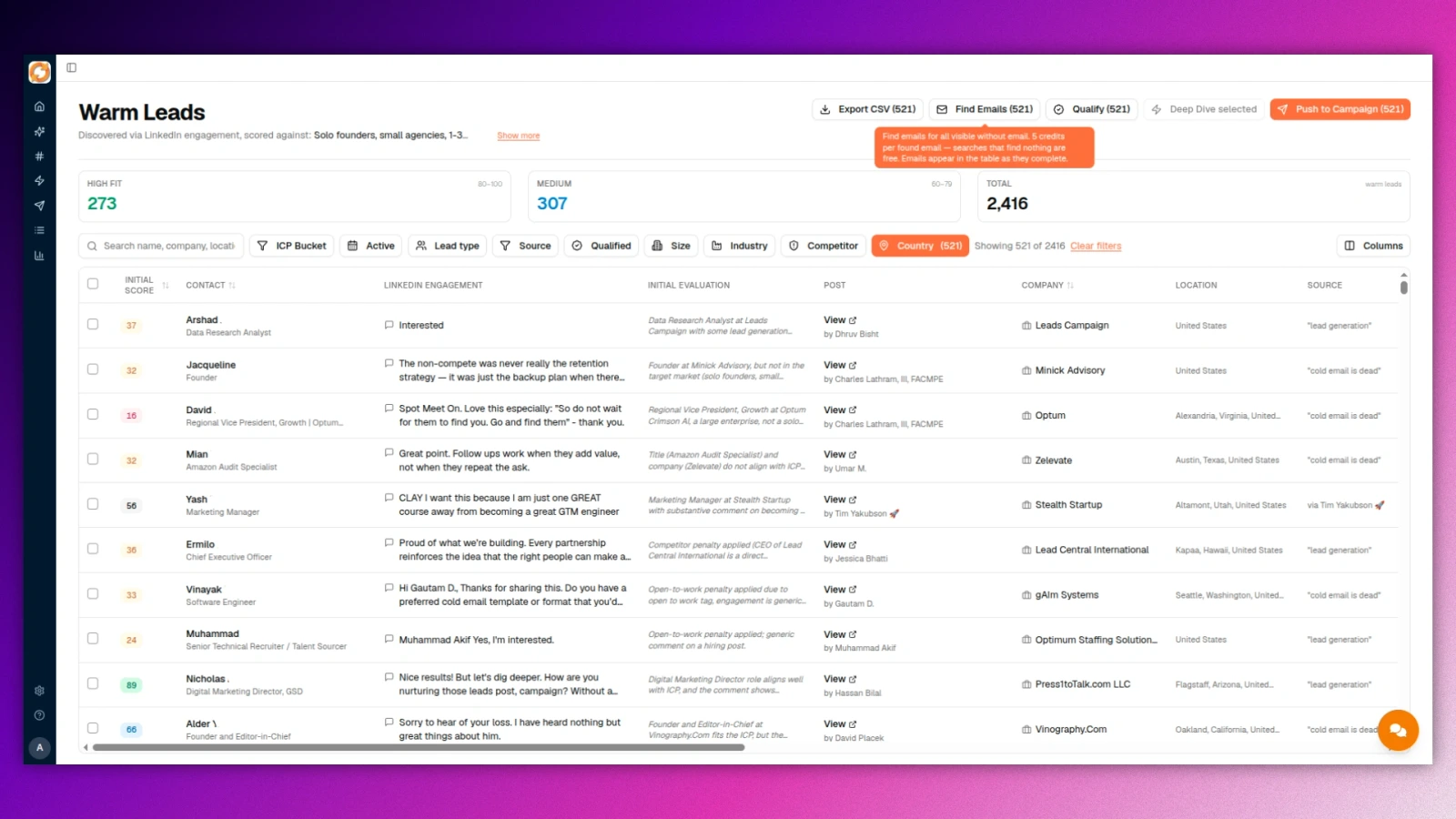 Warm Leads feed with fit scores and reasons